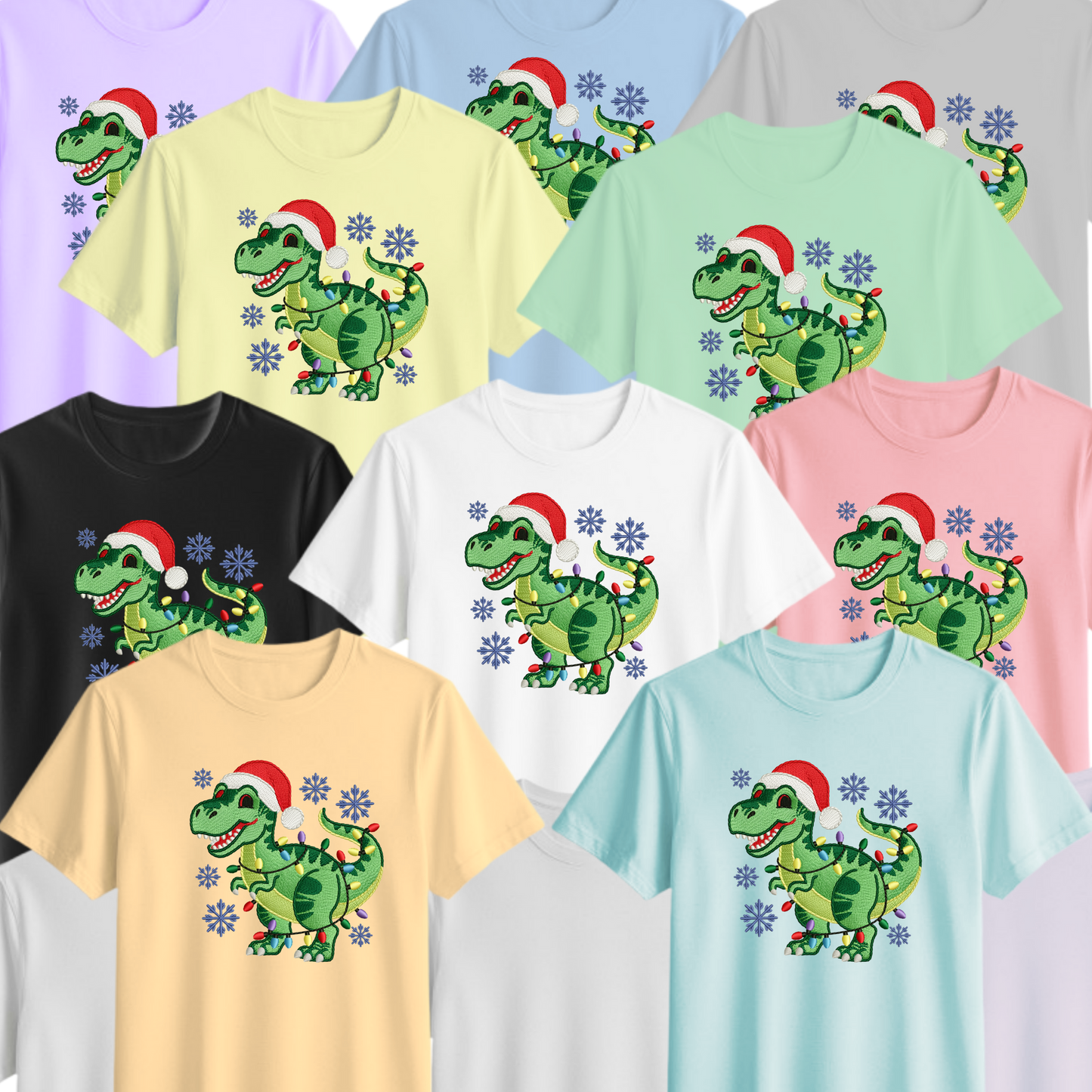 🦖🎅 “Dino Lights Christmas” Faux-Embroidery Tee🦖🎅