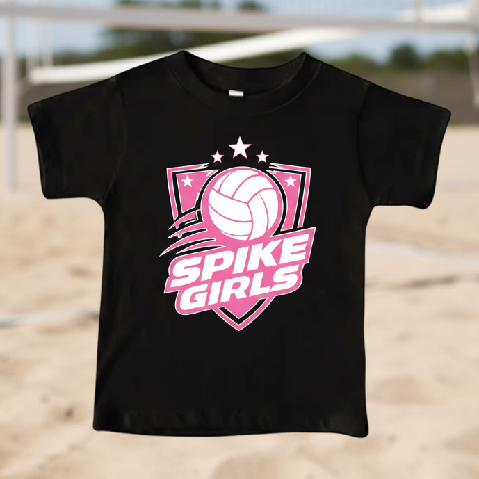 Black t-shirt with pink 'Spike Girls' volleyball design on a white background