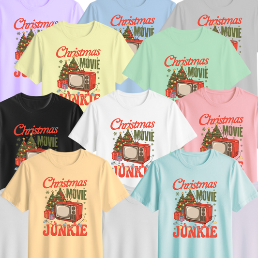 🎄📺 “Christmas Movie Junkie” Retro Holiday Tee 🍿✨
