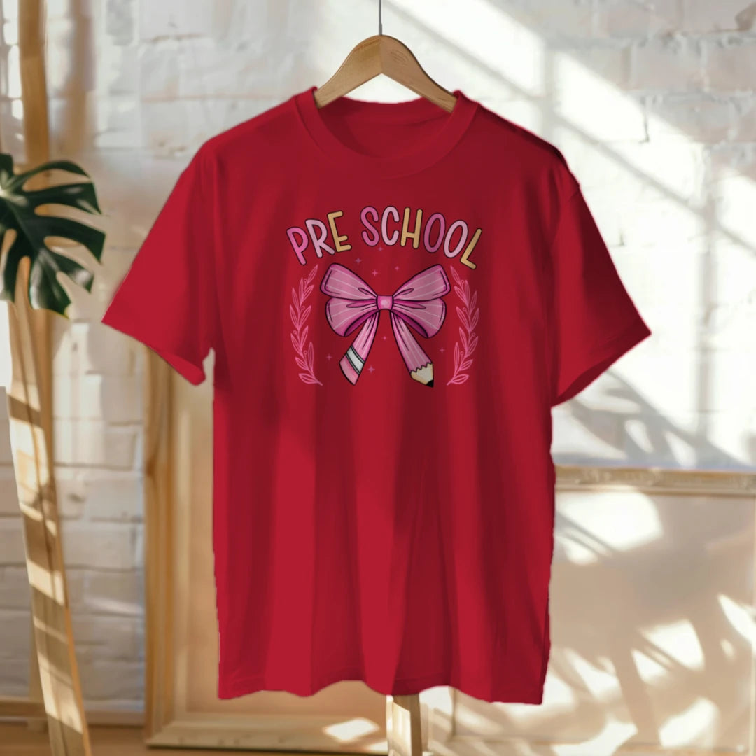 🎀✏️ "Preschool Princess" – Pink Pencil Bowtie Tee 💖🍃