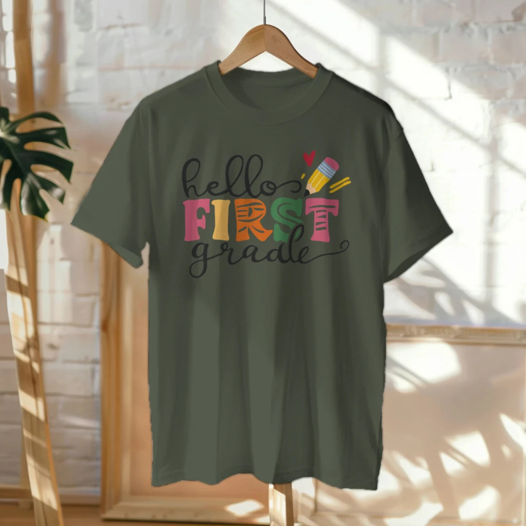 🎨📚 Hello First Grade! – Whimsical & Bright Tee for Big School Energy 💫💕