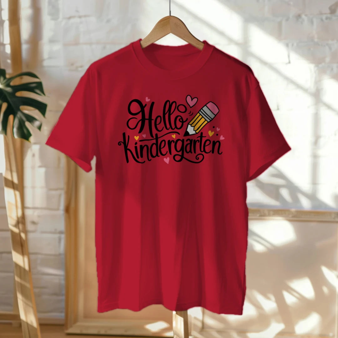 ✏️💖 "Hello Kinder" – Cursive Pencil Heart Tee for First Day ✨🎒