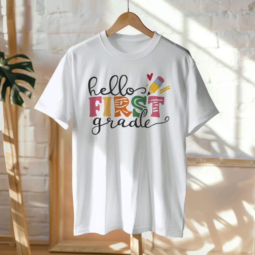 🎨📚 Hello First Grade! – Whimsical & Bright Tee for Big School Energy 💫💕