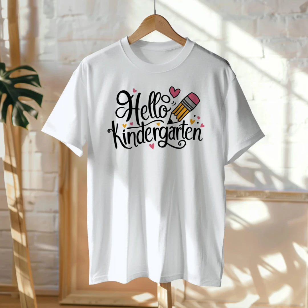 ✏️💖 "Hello Kinder" – Cursive Pencil Heart Tee for First Day ✨🎒