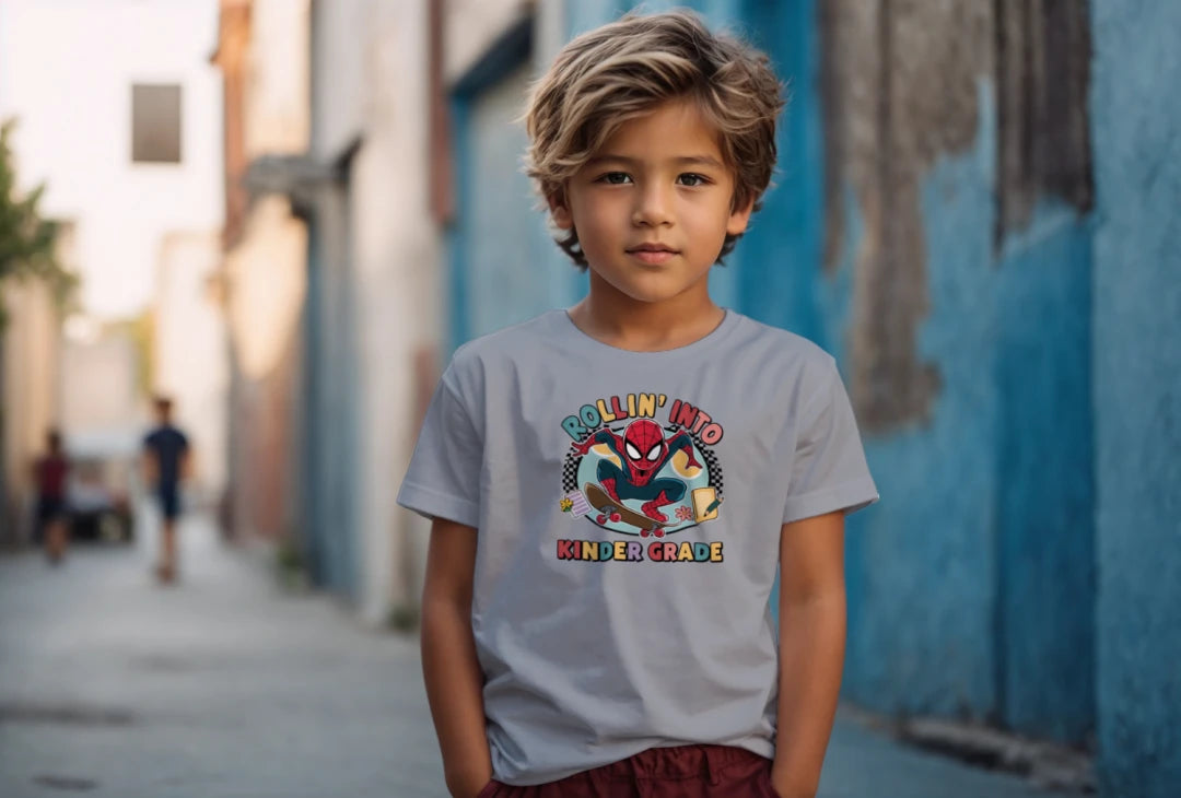 🕷️🛹 "Rollin’ Into Kindergarten!" – Skater Superhero First Day Tee 💥📚