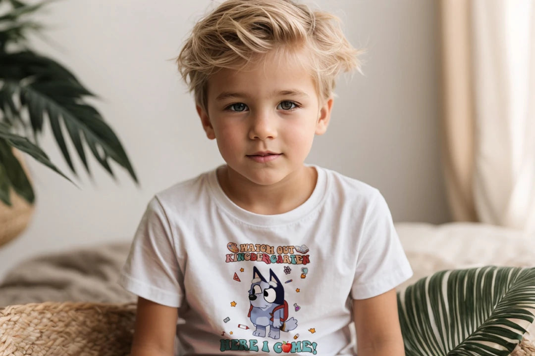 🧦🎓 "Watch Out, Kindergarten!" – Bluey-Inspired First Day Tee 🍎✨