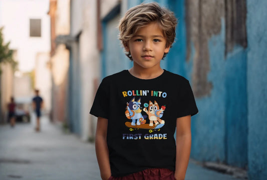 🛹🎒 Rollin’ Into First Grade – Bluey & Bingo Back-to-School Tee 🐶📚