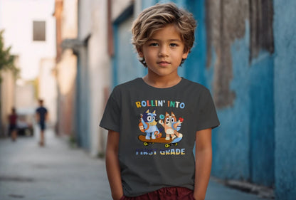 🛹🎒 Rollin’ Into First Grade – Bluey & Bingo Back-to-School Tee 🐶📚
