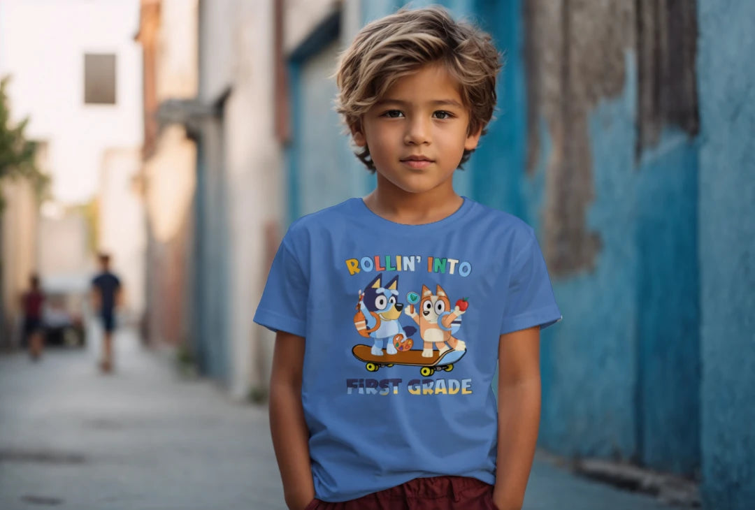 🛹🎒 Rollin’ Into First Grade – Bluey & Bingo Back-to-School Tee 🐶📚