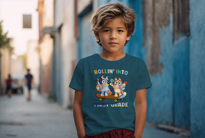 🛹🎒 Rollin’ Into First Grade – Bluey & Bingo Back-to-School Tee 🐶📚