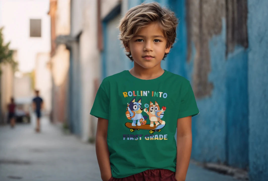 🛹🎒 Rollin’ Into First Grade – Bluey & Bingo Back-to-School Tee 🐶📚