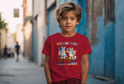 🛹🎒 Rollin’ Into First Grade – Bluey & Bingo Back-to-School Tee 🐶📚