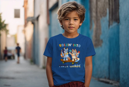 🛹🎒 Rollin’ Into First Grade – Bluey & Bingo Back-to-School Tee 🐶📚