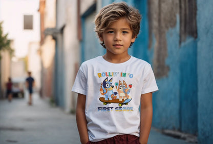 🛹🎒 Rollin’ Into First Grade – Bluey & Bingo Back-to-School Tee 🐶📚