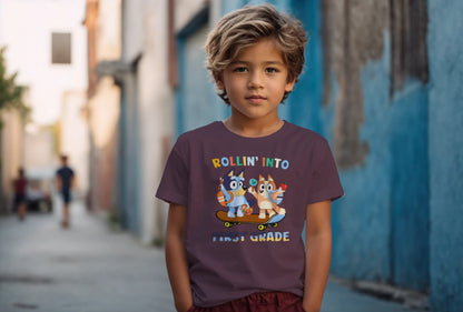 🛹🎒 Rollin’ Into First Grade – Bluey & Bingo Back-to-School Tee 🐶📚
