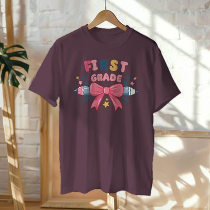 🎀✏️ First Grade Cutie – Pink Bow Tie & Pencil Hearts Tee 💖💕