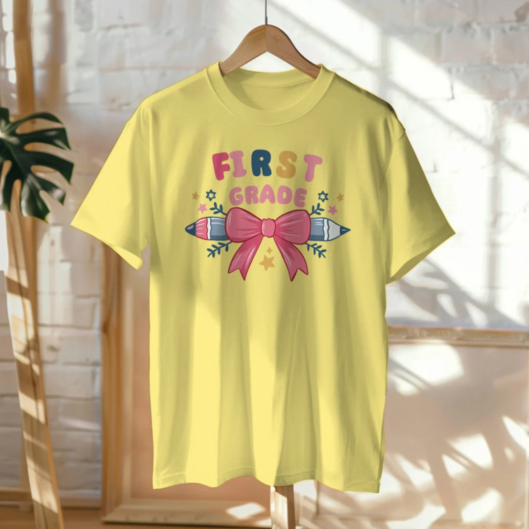 🎀✏️ First Grade Cutie – Pink Bow Tie & Pencil Hearts Tee 💖💕