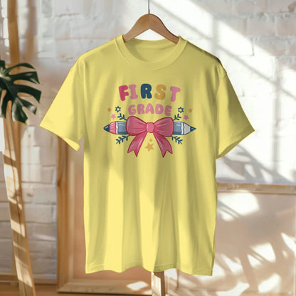 🎀✏️ First Grade Cutie – Pink Bow Tie & Pencil Hearts Tee 💖💕