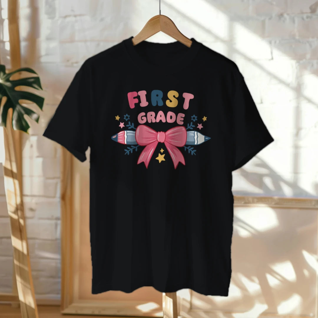 🎀✏️ First Grade Cutie – Pink Bow Tie & Pencil Hearts Tee 💖💕