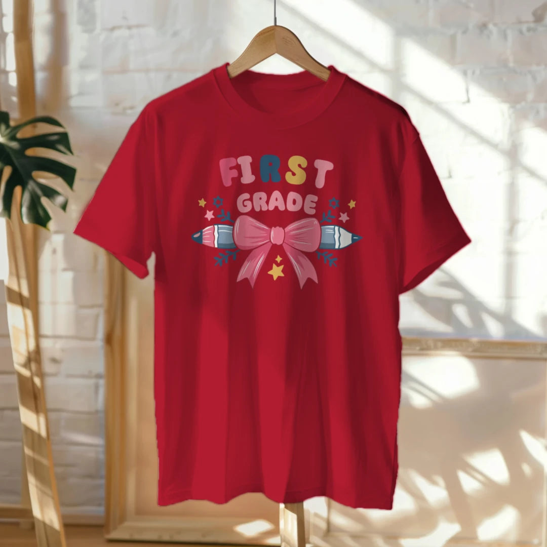 🎀✏️ First Grade Cutie – Pink Bow Tie & Pencil Hearts Tee 💖💕