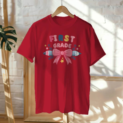 🎀✏️ First Grade Cutie – Pink Bow Tie & Pencil Hearts Tee 💖💕
