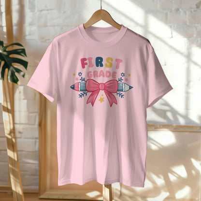🎀✏️ First Grade Cutie – Pink Bow Tie & Pencil Hearts Tee 💖💕