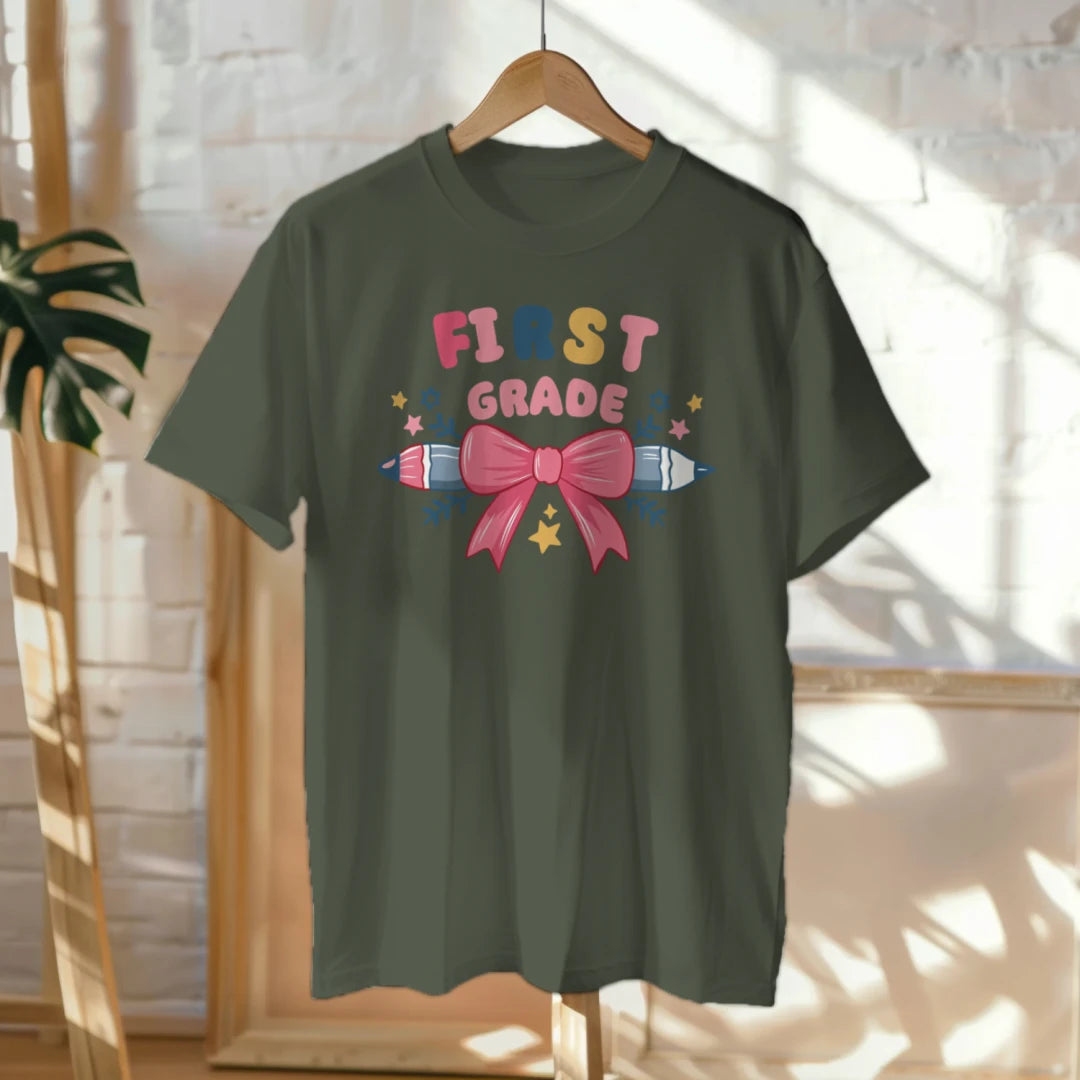 🎀✏️ First Grade Cutie – Pink Bow Tie & Pencil Hearts Tee 💖💕