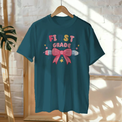 🎀✏️ First Grade Cutie – Pink Bow Tie & Pencil Hearts Tee 💖💕
