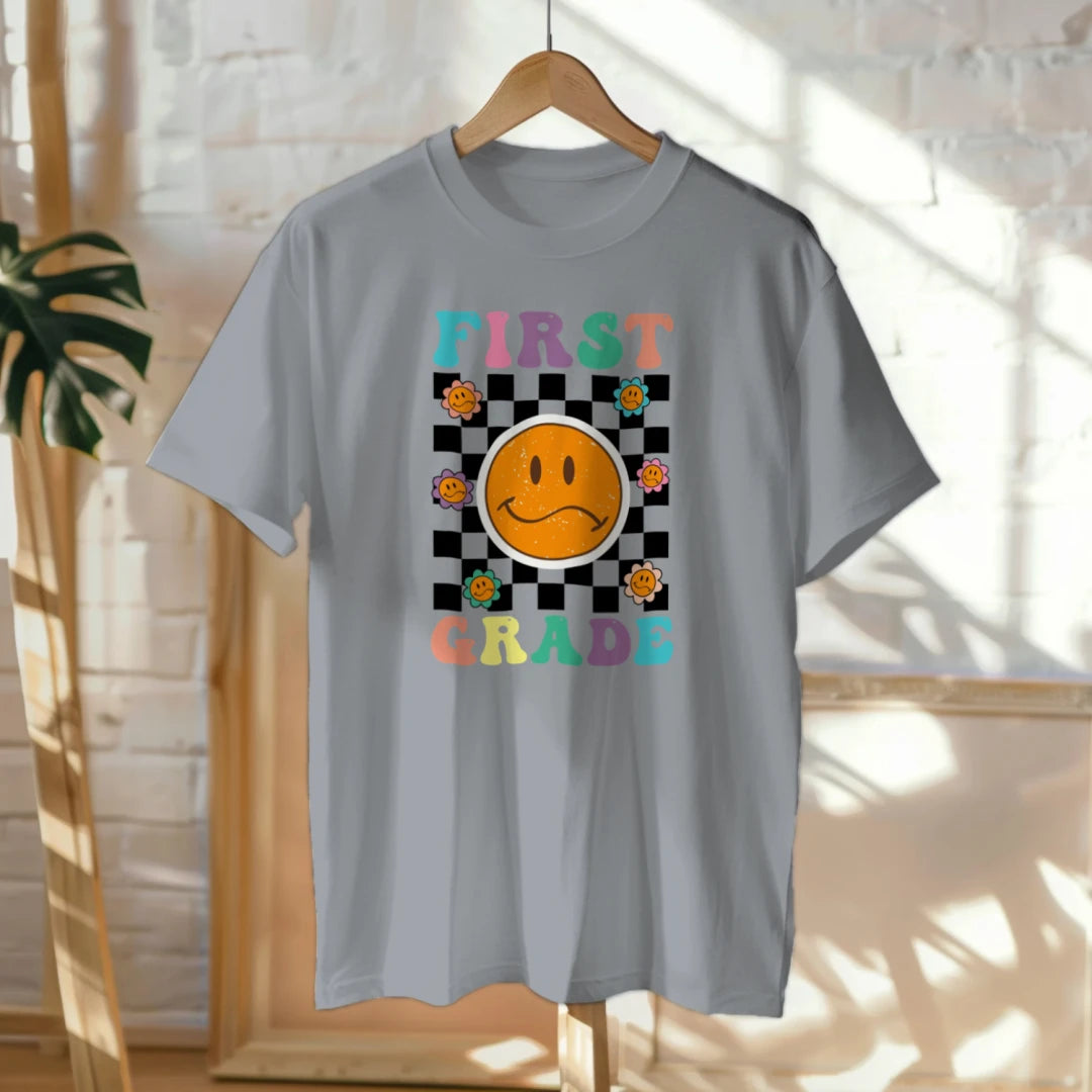 🟡✔️ First Grade Vibes – Checkered Smiley Tee 😄🏁