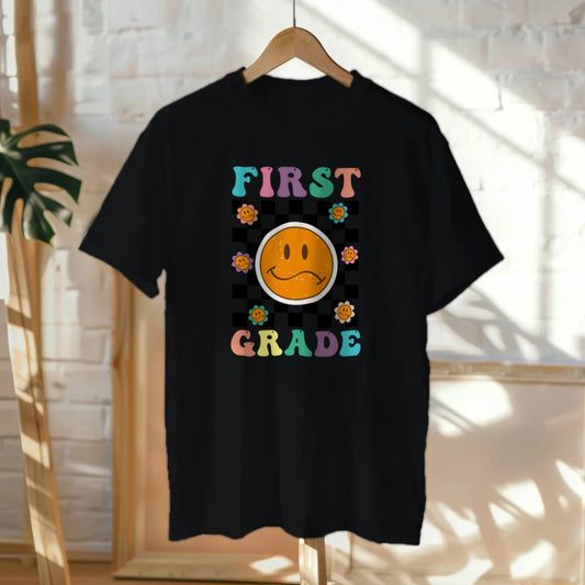 🟡✔️ First Grade Vibes – Checkered Smiley Tee 😄🏁