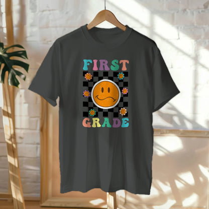 🟡✔️ First Grade Vibes – Checkered Smiley Tee 😄🏁