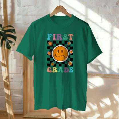 🟡✔️ First Grade Vibes – Checkered Smiley Tee 😄🏁