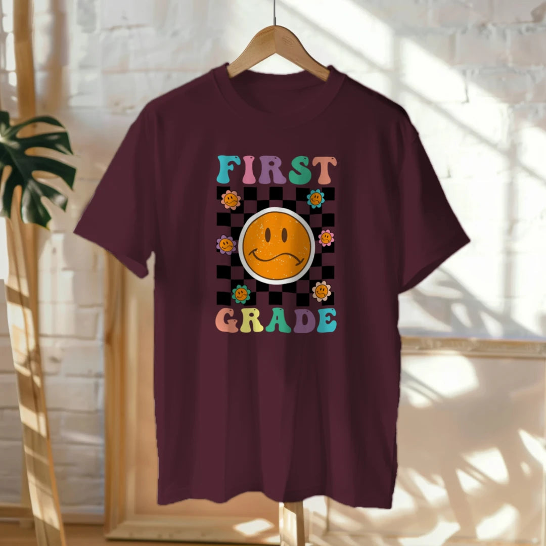 🟡✔️ First Grade Vibes – Checkered Smiley Tee 😄🏁