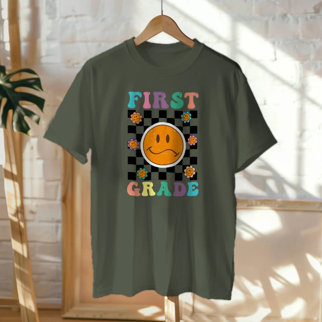 🟡✔️ First Grade Vibes – Checkered Smiley Tee 😄🏁