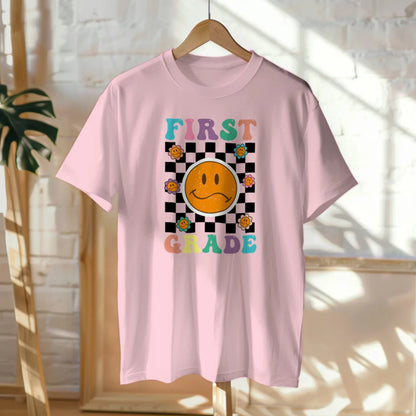 🟡✔️ First Grade Vibes – Checkered Smiley Tee 😄🏁