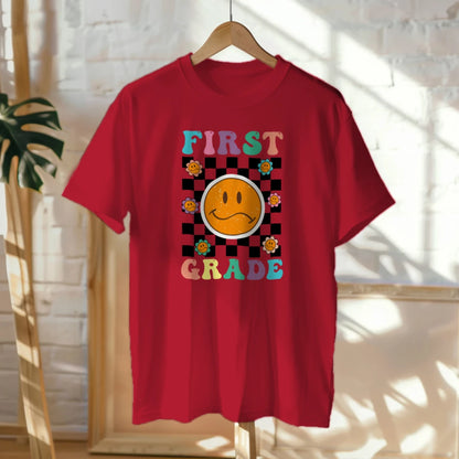 🟡✔️ First Grade Vibes – Checkered Smiley Tee 😄🏁