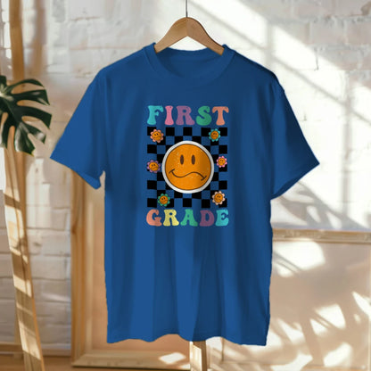 🟡✔️ First Grade Vibes – Checkered Smiley Tee 😄🏁