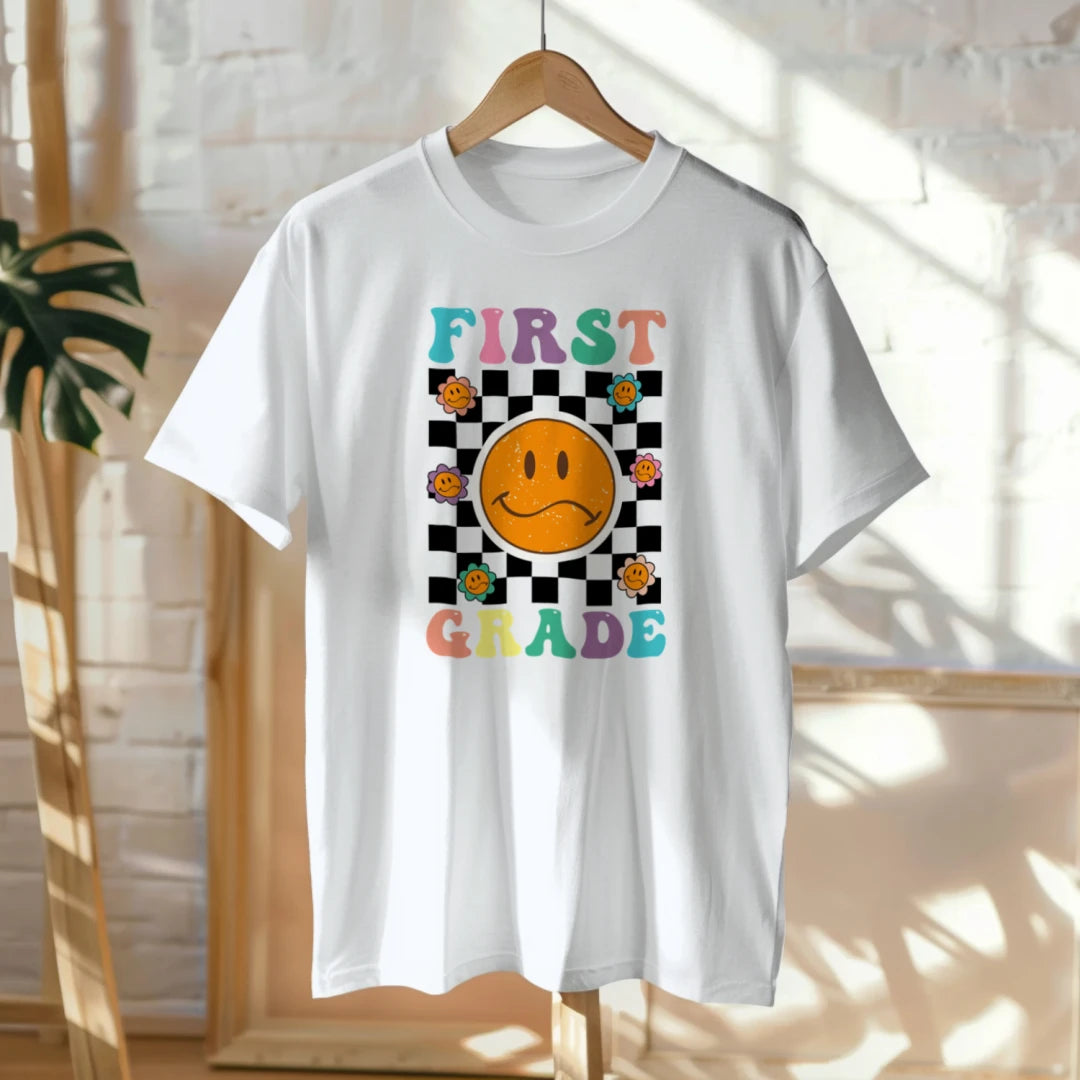 🟡✔️ First Grade Vibes – Checkered Smiley Tee 😄🏁