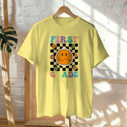🟡✔️ First Grade Vibes – Checkered Smiley Tee 😄🏁