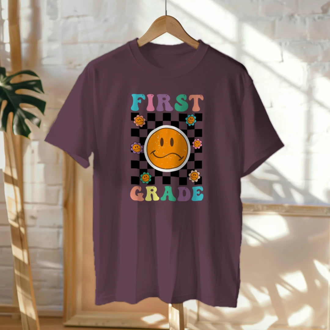 🟡✔️ First Grade Vibes – Checkered Smiley Tee 😄🏁