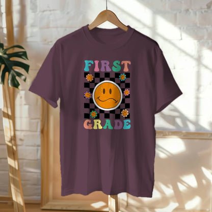 🟡✔️ First Grade Vibes – Checkered Smiley Tee 😄🏁