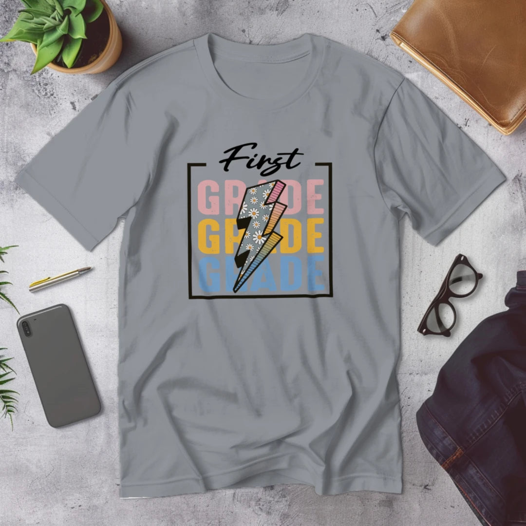 ⚡🌸 First Grade – Modern Thunder Bolt Tee 💥✨