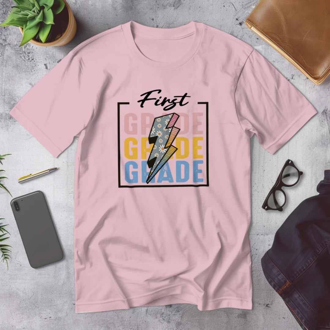 ⚡🌸 First Grade – Modern Thunder Bolt Tee 💥✨