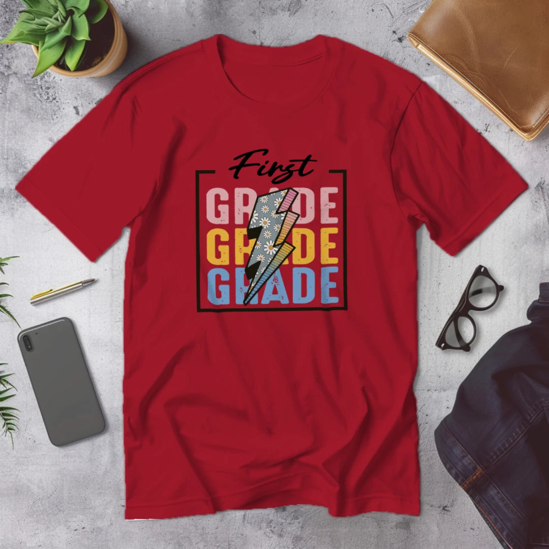 ⚡🌸 First Grade – Modern Thunder Bolt Tee 💥✨