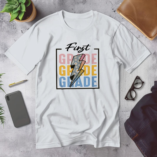 ⚡🌸 First Grade – Modern Thunder Bolt Tee 💥✨