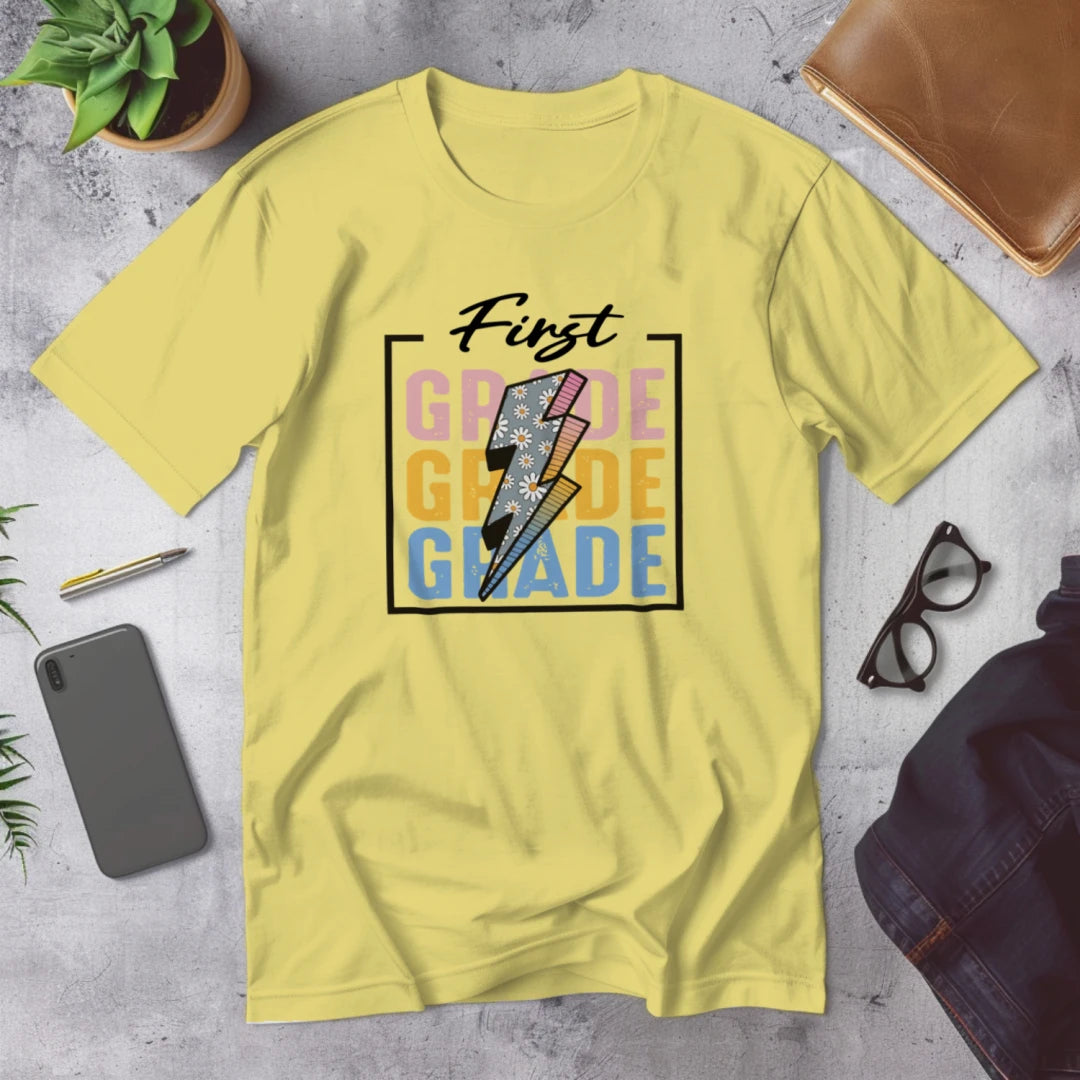 ⚡🌸 First Grade – Modern Thunder Bolt Tee 💥✨
