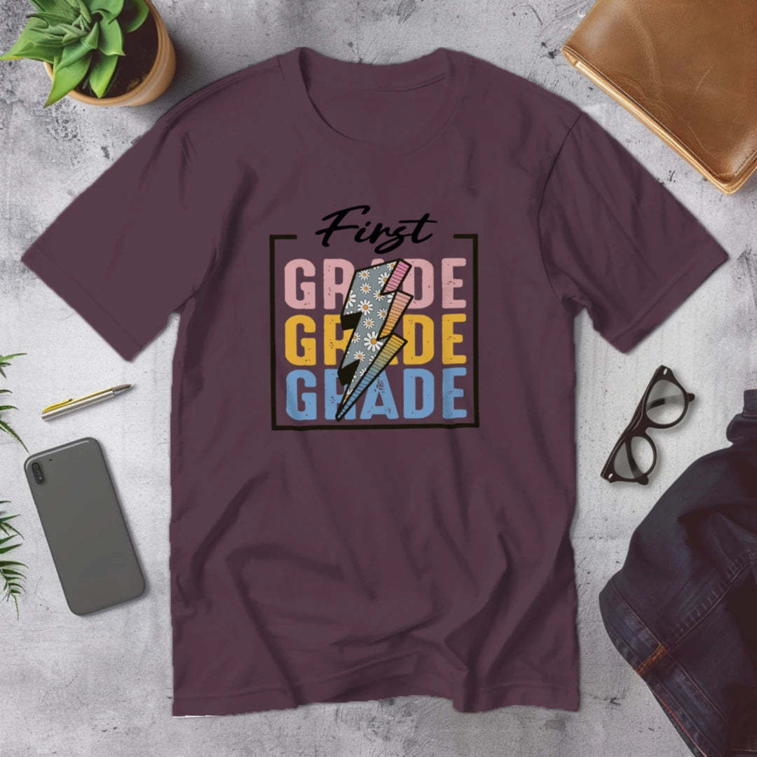 ⚡🌸 First Grade – Modern Thunder Bolt Tee 💥✨
