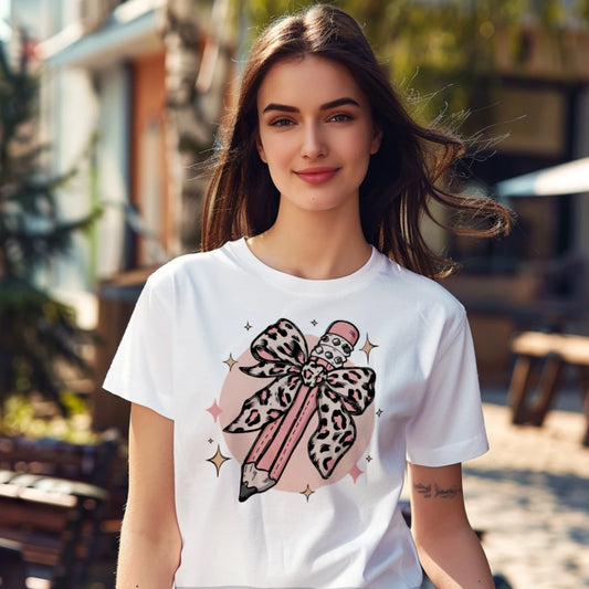 🎀✏️ Pink Leopard Pencil Bow Tee 🌟💖