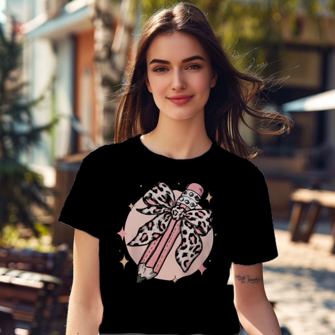 🎀✏️ Pink Leopard Pencil Bow Tee 🌟💖