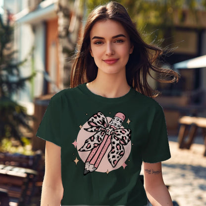 🎀✏️ Pink Leopard Pencil Bow Tee 🌟💖